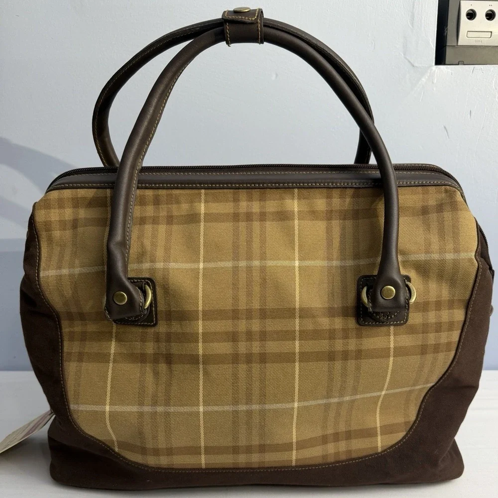 Eddie Bauer Plaid Check Brown Canvas Leather Duffel Travel Bag Luggage NWT